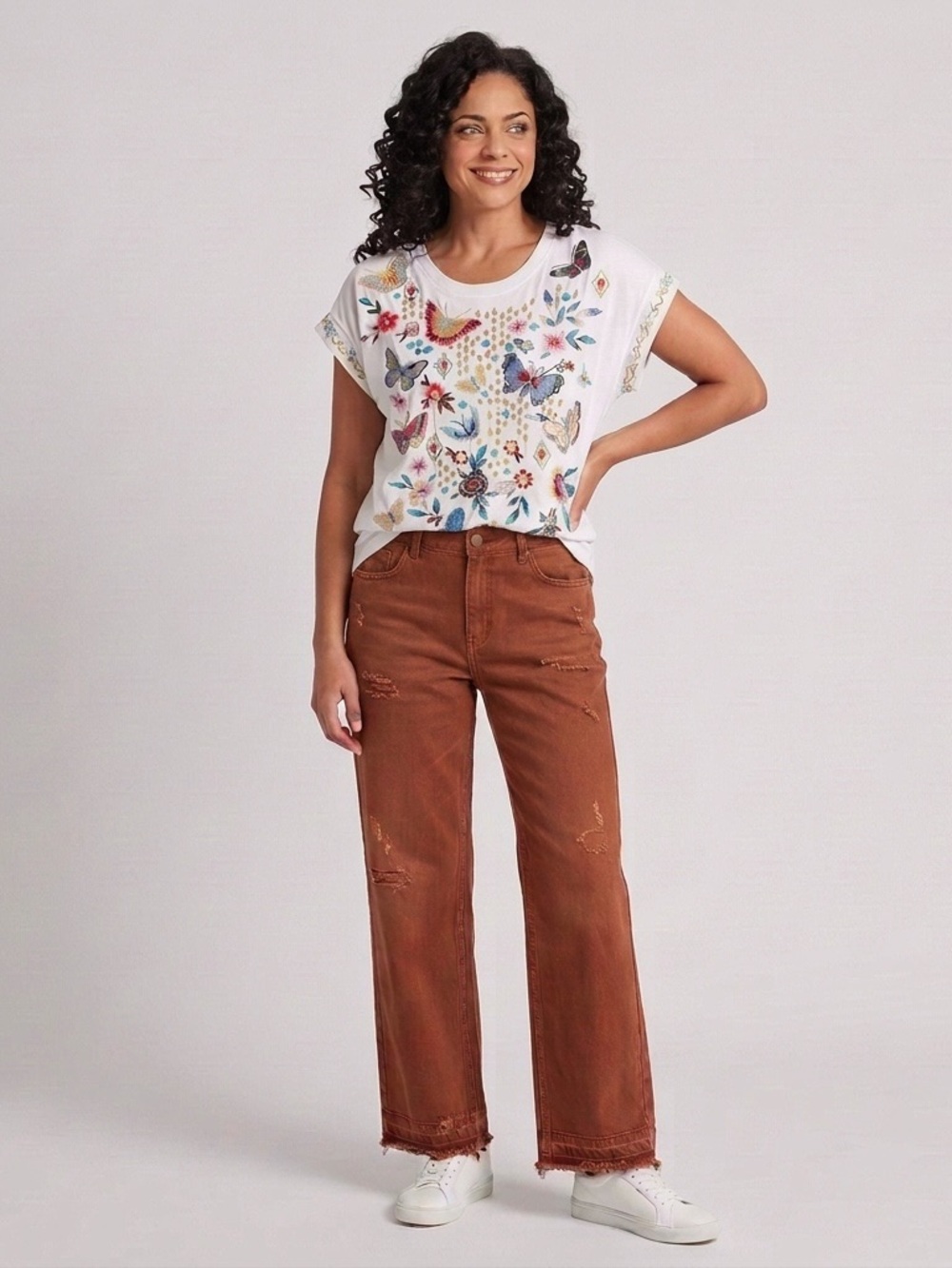 Johnny Was White Short-Sleeve Embroidered Tee with Multicolor Motifs